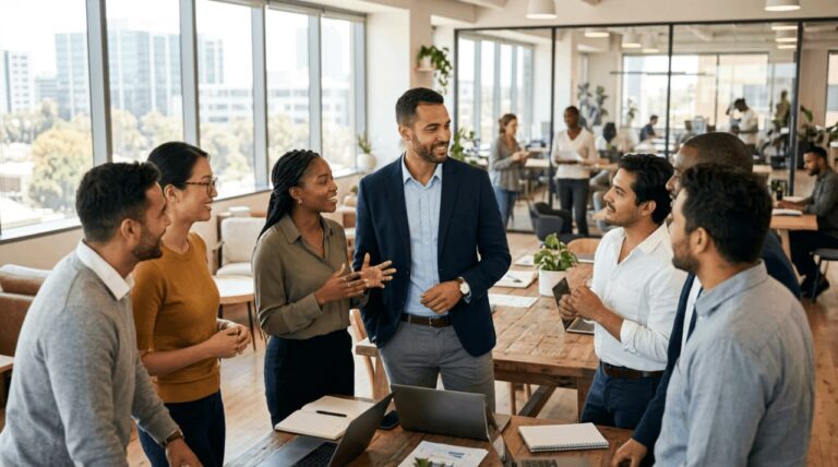 Confident team leader engaging with diverse team members in a modern open-plan office