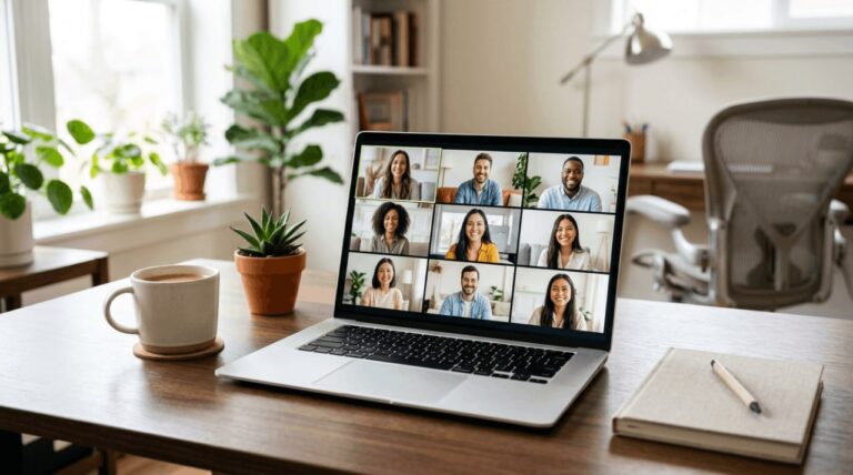 Remote team video conference on laptop in a bright home office setup