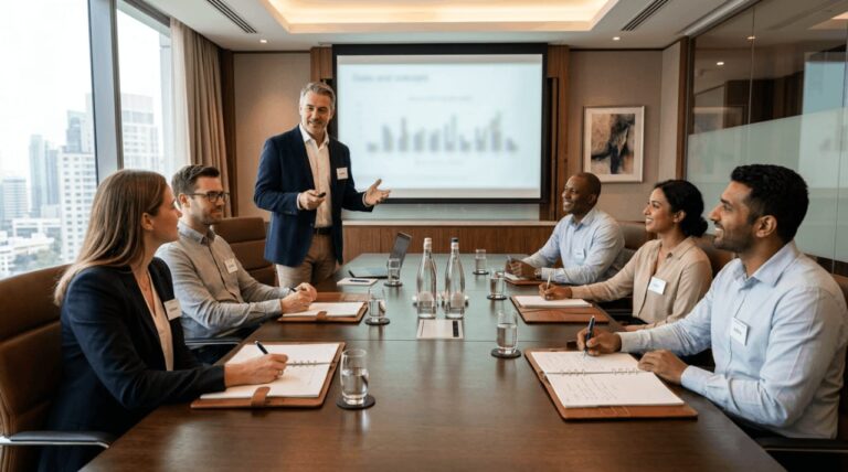 Professional facilitator leading a collaborative workshop in a modern Australian boardroom