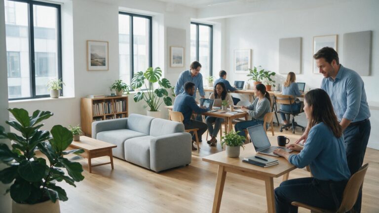 Diverse Australian team collaborating in a calm modern office with a supportive manager